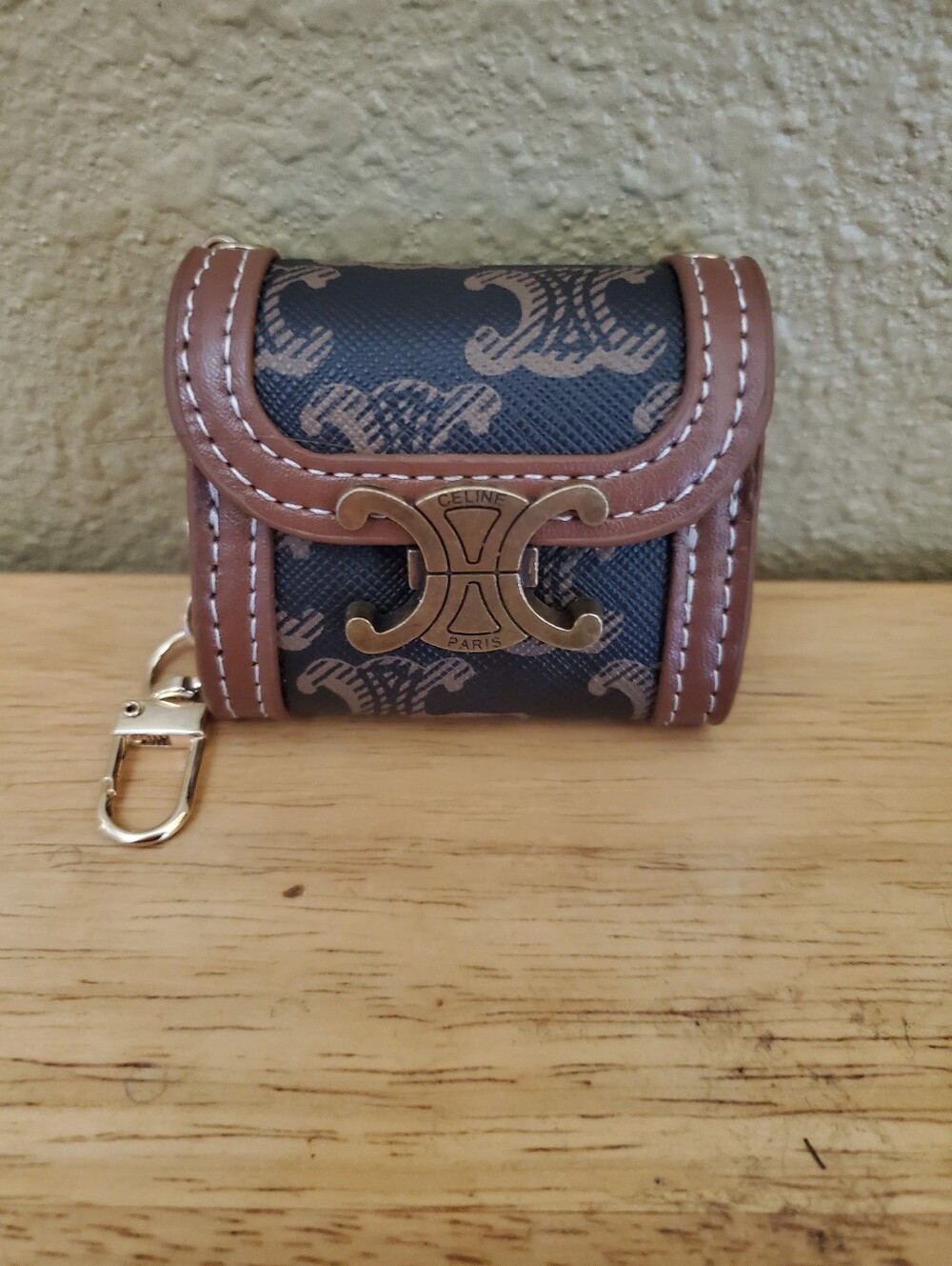 Celine Brown & Navy Triomphe Logo Key & Card Holder